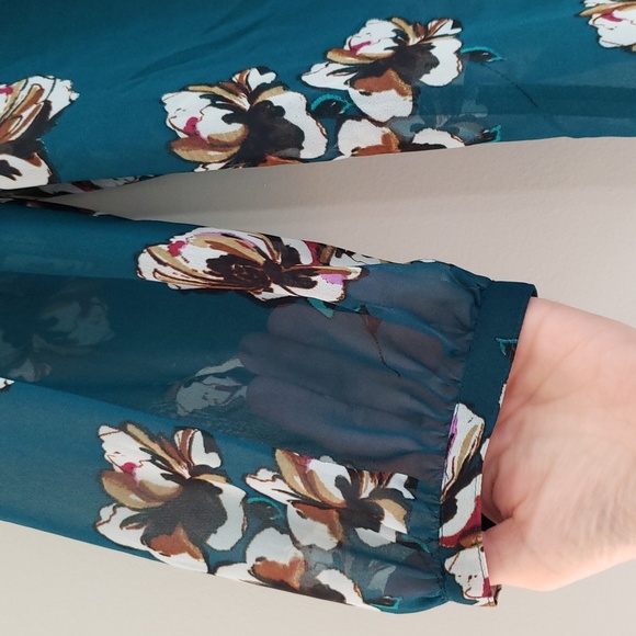 LOFT Floral Sheer Peasant Blouse Small Teal Brown Smocking Office Work Career - Picture 4 of 10